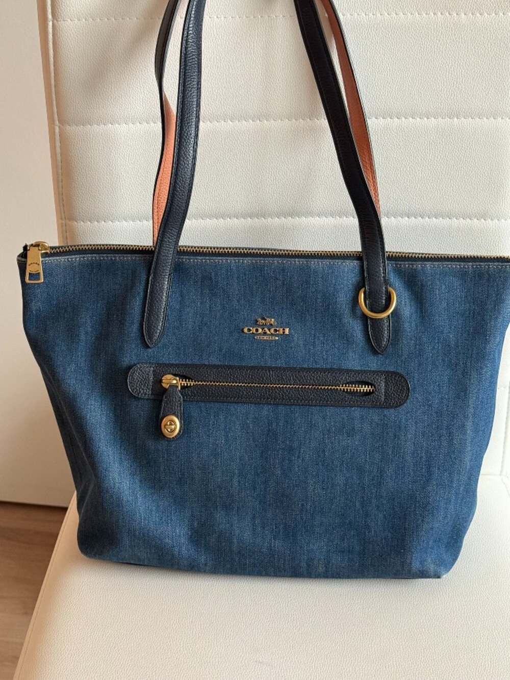 Coach Taylor Denim Tote Bag Navy Denim Leather Womens Style 67360